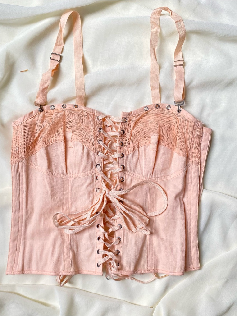 Vintage 1950s 60s Peach Merry Widow Bustier Corset Lace Up Boned Coquette Pinup - Picture 6 of 7